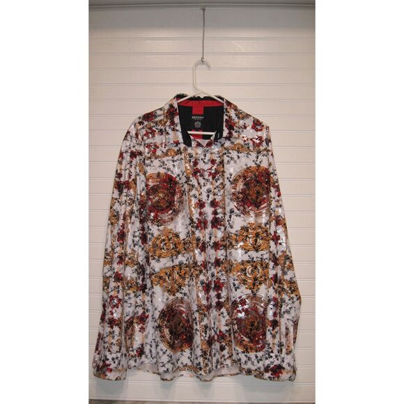 Benziny Mens Long Sleeve Button Dwn Shirt White/Gold/Red Baroque/Floral Size XXL - Picture 1 of 5